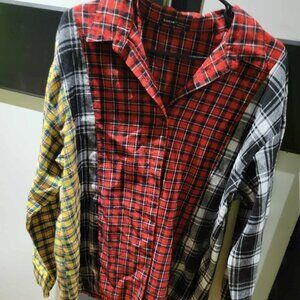red, black, and yellow plaid button up shirt